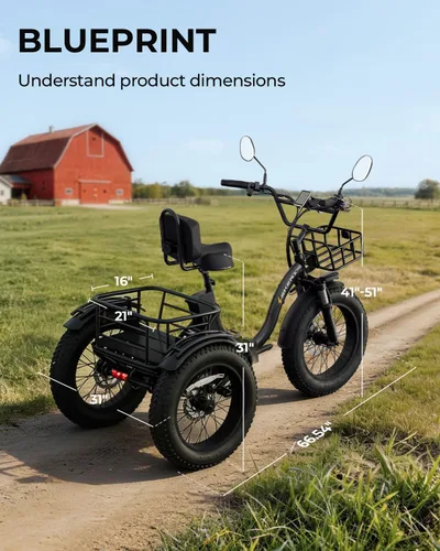 Vista 9 de Skeri Triciclo eléctrico para adultos, motor Etrike de 750 W (pico 1350 W), triciclo eléctrico plegable de 20 x 4 pulgadas, batería de 48 V13Ah