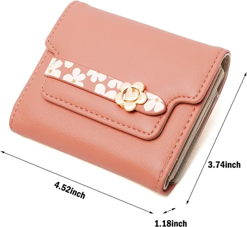 Vista 7 de Carteras para mujer Rfid - Cartera pequeña de cuero con diseño de flores y monedero con cremallera y tarjetero, Naranja, Compacto