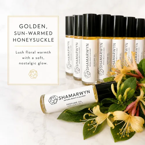 Vista 4 de Aceite de perfume natural madreselva, jojoba orgánica y aceites esenciales, 0.3 fl oz Golden, sun-warmed floral sweetness.10 mL glass roll-on