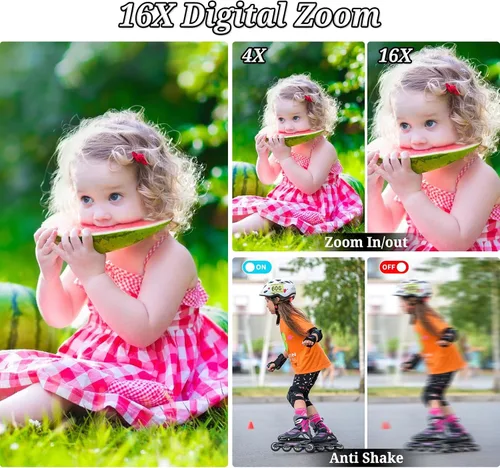 Vista 3 de Cámara digital FHD 1080P para niños, 48MP apunta y dispara, con una tarjeta de 64 GB, zoom 16X, antivibraciones, cámara pequeña compacta para niños
