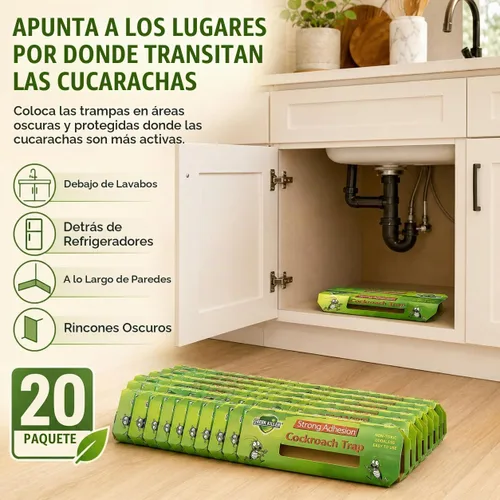 Vista 4 de Trampas para Cucarachas de Interiores Paquete de 20, Trampas Adhesivas para Cucarachas de Interiores del Hogar, Trampas Adhesivas de Pegamento