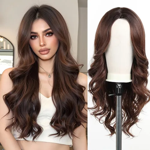 Vista 10 de Esmee Pelucas largas de color castaño rojizo ombré para mujer, peluca de cabello sintético ondulado y rizado natural para uso diario, fiestas