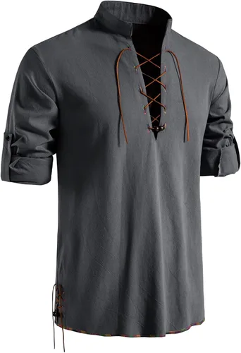 Vista 12 de LucMatton Camisa de manga larga para hombre, estilo retro, con cordones, medieval, renacentista, pirata, vikingo, steampunk, gótico, victoriano