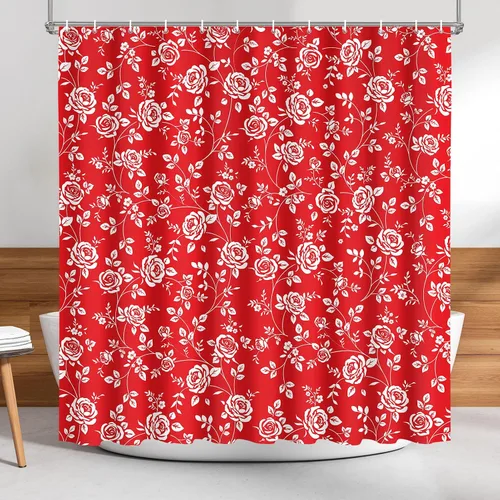 Vista 13 de Cortina de ducha Lalumix negra floral, cortinas de ducha con flores para baño con 12 ganchos, juegos de cortinas de ducha de tela de poliéster