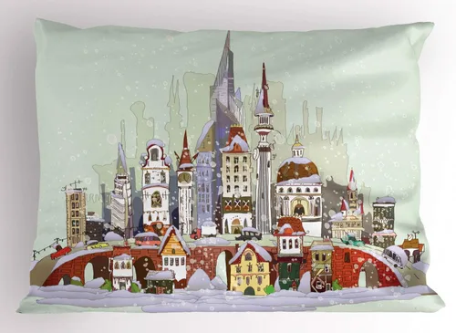 Vista 33 de Ambesonne Juego de 2 fundas de almohada navideñas, diseño de estrellas de Navidad y copos de nieve, letras retro, ropa de cama de microfibra