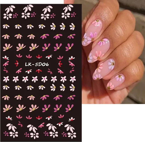 Vista 3 de Calcomanías de arte de uñas de flores 5D en relieve colorido diseño de margaritas calcomanías de uñas autoadhesivas suministros de arte de uñas