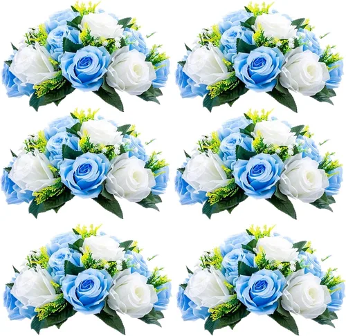 Vista 11 de Sziqiqi Flores de rosas artificiales de seda sintética para decoración de centros de mesa de boda, decoración del hogar, paquete de 2 unidades Azul