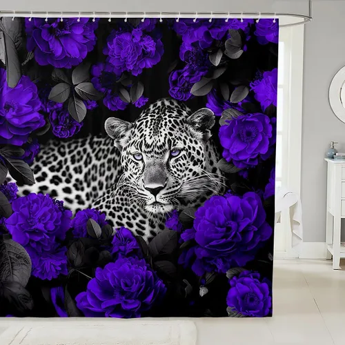 Vista 26 de Cortina de ducha con estampado de leopardo y gato con rosas rojas, 72 pulgadas de ancho x 72 pulgadas de largo, juego de cortina de ducha con flores