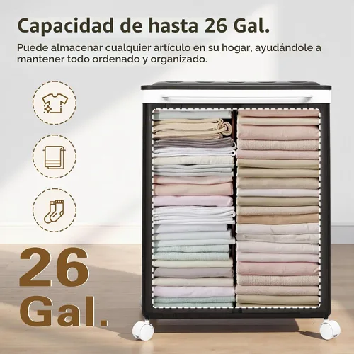 Vista 6 de VECELO Cesta de lavandería con ruedas y tapa, cesta plegable de plástico con asa, carrito de lavandería dividido rodante para espacios pequeños Negro