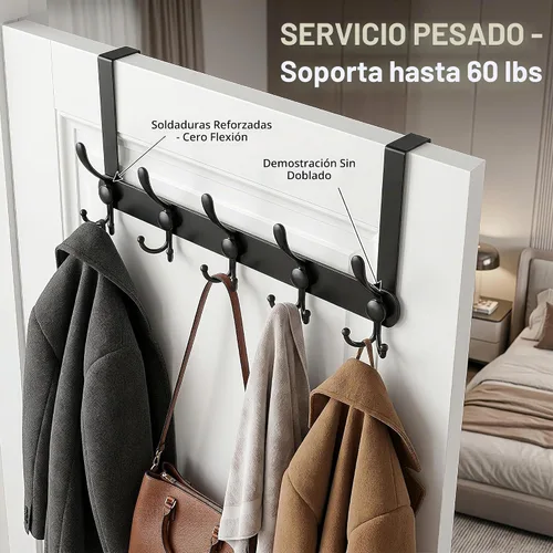 Vista 5 de Ganchos para colgar sobre la puerta, perchero para colgar ropa, sombrero, toalla (resistente negro, 1 unidad)