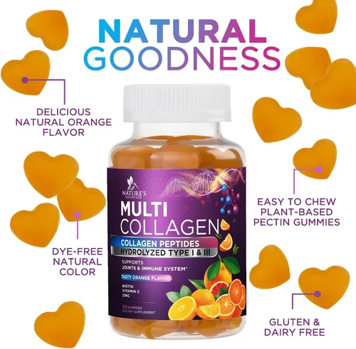 Vista 6 de Gomitas de colágeno – Crecimiento del cabello y apoyo inmunológico, suplemento para la piel y las uñas – 2500 mcg de biotina por porción – Multi