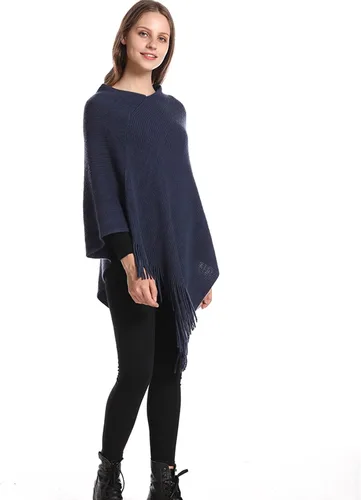 Vista 3 de Poncho para mujer, cuello en V, suéter de punto, chales, capas con flecos, regalos para mujeres y madres