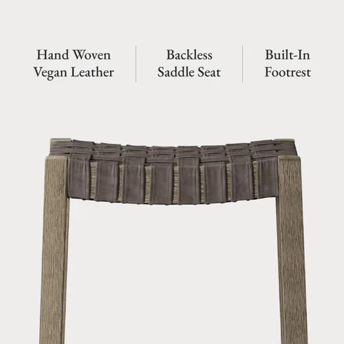 Vista 6 de Maven Lane Emerson Taburete de bar – 31 pulgadas – Taburete rectangular con reposapiés – Madera maciza gris y asiento de piel sintética gris – Ideal