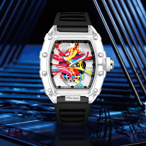 Vista 2 de PINTIME Tonneau de lujo para hombre, diseño de graffiti punk con esfera artística, hip-hop, movimiento japonés, diseño luminoso con banda de silicona