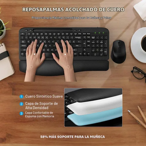 Vista 3 de Juego de teclado y mouse inalámbrico, teclas de onda de tamaño completo, teclado ergonómico con reposa muñecas acolchado, soporte para teléfono