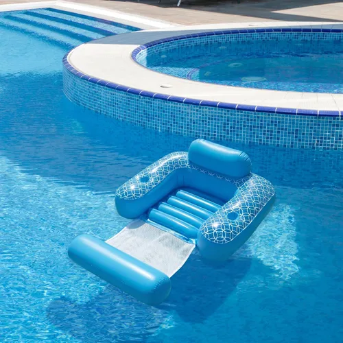Vista 2 de Silla inflable de piscina Shangri-La azul y blanco con portavasos de 68.5 pulgadas