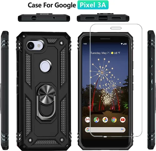 Vista 2 de Funda para Google Pixel 3A con [2 unidades] Protector de pantalla de vidrio templado, para Google Pixel 3A Heavy Duty Armor [Grado Militar], funda