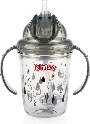 Vista 2 de Nuby Tritan - Taza estampada con asa doble con popote con 360 hilos, sin derrames, los colores pueden variar