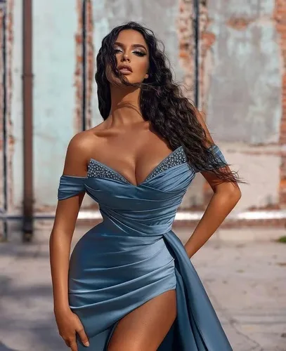 Vista 2 de Vestido de fiesta de sirena con hombros descubiertos, vestido de baile de satén, con cuentas, vestido de noche, boda, dama de honor, abertura formal