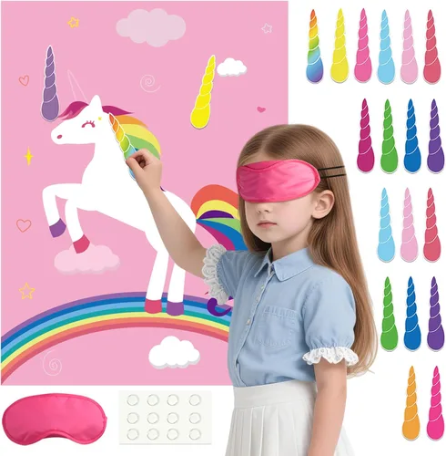 Vista 14 de PLULON Pin The Horn On The Unicorn para juegos de fiesta de cumpleaños infantiles, suministros de fiesta de unicornio, regalos de decoración