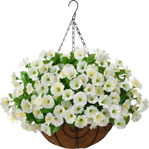 Vista 9 de Homsunny Plantas artificiales colgantes con cesta para exteriores, petunias falsas, de seda, para exteriores, porche, patio, balcón, jardín