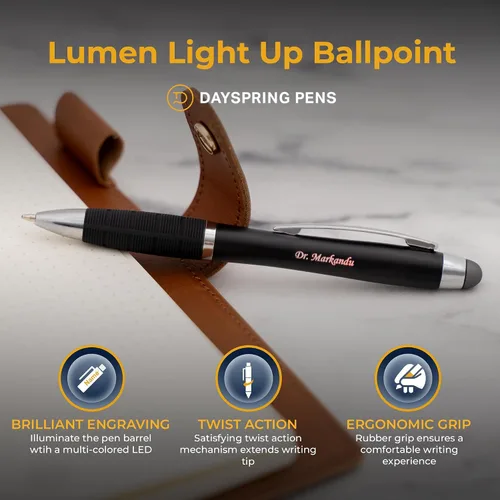 Vista 4 de Dayspring Pens Lumen Light-Up - Bolígrafo grabado con lápiz capacitivo, negro, grabado iluminado con pantalla de luz multicolor, acción de clic