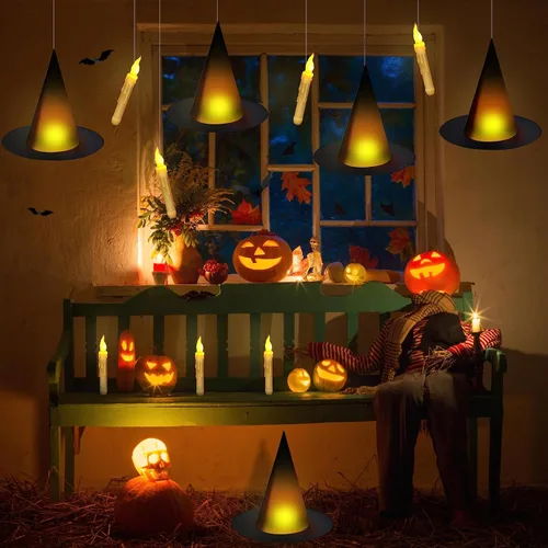 Vista 7 de Sombrero de bruja negro de Halloween con luz flotante iluminada con velas cónicas sin llama (con control remoto común) Murciélagos 3D calcomanías