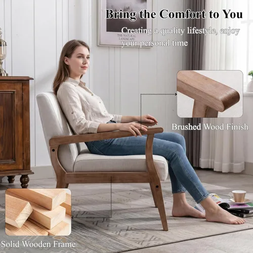 Vista 6 de BESTANO - Silla con acento de estilo moderno de mediados de siglo, con tapizado de lino y marco de madera, silla de acento para sala de estar