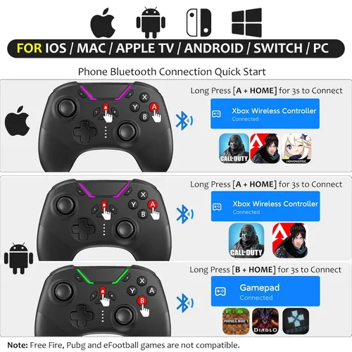 Vista 2 de Bluetooth Controller for SwitchPCiPhoneAndroidApple Arcade MFi GamesTVSteam, Pro Wireless Game Controller Remote Gamepad with Phone Clip with Lock