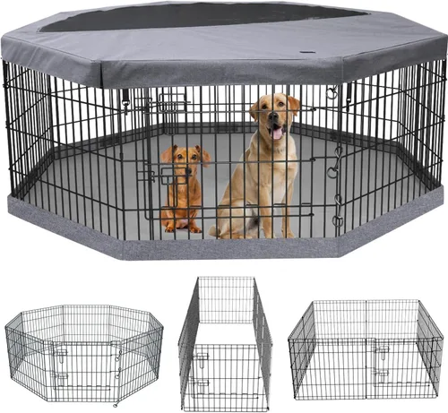 Vista 14 de PETIME - Corral plegable de metal para ejercicio de perros/Parque de juegos para cachorros con 8 paneles para interior/exterior, valla de patio
