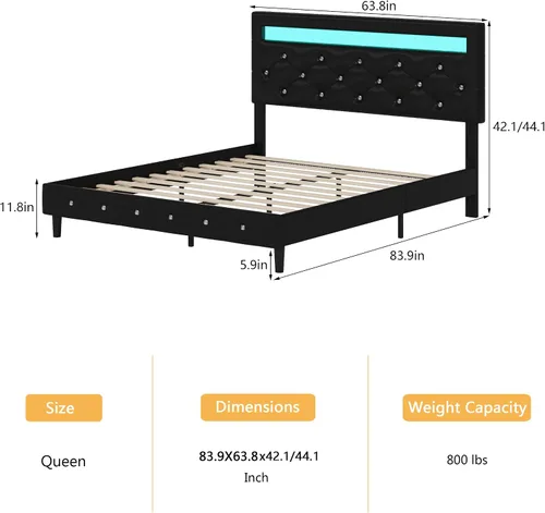Vista 2 de TTVIEW Base de cama Queen con luces LED, marco de cama de plataforma de cuero con cabecera tapizada ajustable, luces LED de control de aplicación