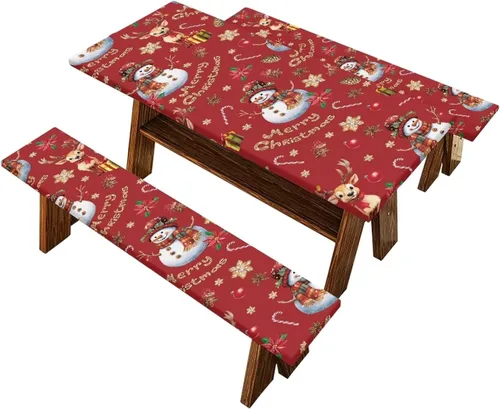 Vista 46 de Juego de 3 calcetines de árbol de Navidad de dibujos animados y galletas, funda de mesa de picnic ajustable con funda de banco, manteles Calcetines