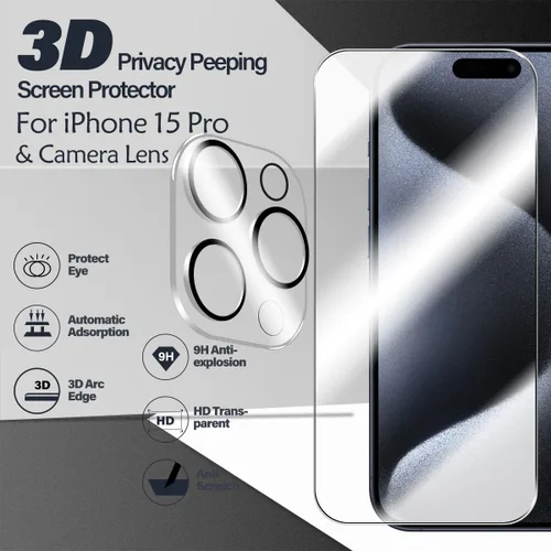 Vista 2 de BIGFACE Protector de pantalla compatible con iPhone 15 Pro + protectores de lente de cámara, [2 + 2 unidades] de vidrio templado transparente HD