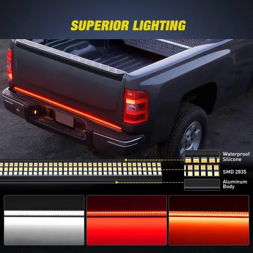 Vista 9 de Nilight Tira de luz para puerta trasera de camión de 60" con marco de aluminio, barra de luz de triple fila de 1200 LED con luz de freno roja, luz