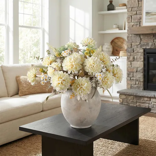 Vista 6 de 10 cabezas de flores artificiales para mamás, para jarrón, crisantemo grande de seda sintética con tallos, ramo falso para decoración del hogar Beige