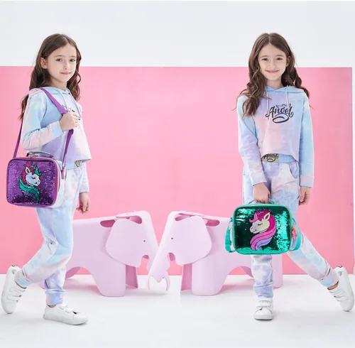 Vista 6 de Mochila con ruedas para niñas, mochila con ruedas, mochila para niñas, para la escuela, unicornio, reversible, con lentejuelas, Púrpura