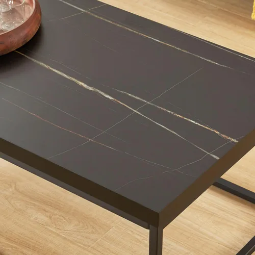 Vista 9 de Mesa auxiliar cuadrada moderna de mármol negro de 18 pulgadas CENSI Parte superior de madera extra gruesa de 1.6", marco de metal, mesita de noche