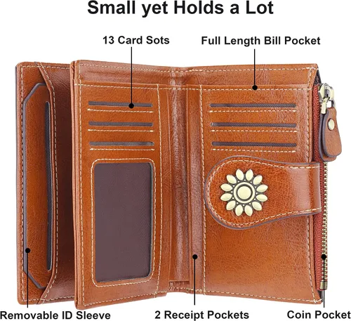 Vista 4 de Lavemi Cartera de cuero para mujer, pequeña, compacta, con bloqueo RFID, con bolsillo con cremallera