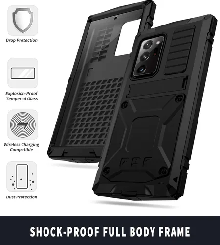 Vista 3 de Funda de metal compatible con Samsung Note 20 Ultra con protector de pantalla militar, resistente a prueba de golpes, con soporte para cámara, funda