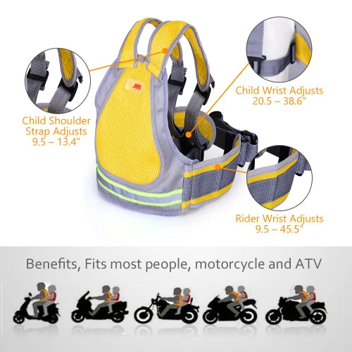 Vista 3 de Jolik Arnés de seguridad para motocicleta infantil con hebilla 4 en 1 material transpirable en amarillo
