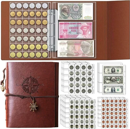 Vista 13 de Páginas de colección de monedas de 10 hojas, página de bolsillo para monedas con 120 bolsillos, fundas para carpetas de monedas con 9 agujeros