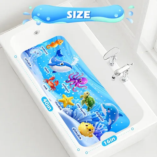 Vista 3 de Tapete de baño antideslizante para niños, tapete de baño antideslizante para niños de 40 x 16 pulgadas de largo para bañera con ventosas seguras