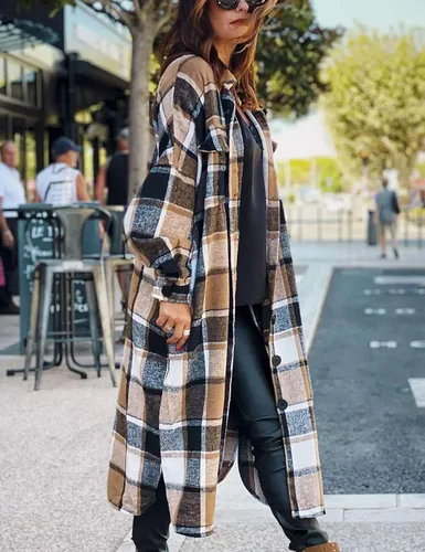 Vista 4 de Omoone - Chaqueta de manga larga con botones para mujer diseño a cuadros de ajuste holgado