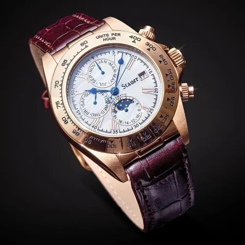 Vista 5 de Stauer Speedway Reloj automático para hombre Reloj analógico de diseño icónico Correa de reloj de cuero marrón en relieve de cocodrilo Caja
