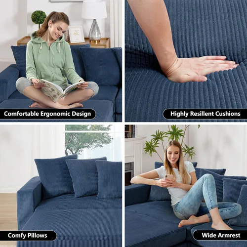 Vista 4 de Sofá biplaza extragrande de 100.8 pulgadas, moderno sofá biplaza de pana, cómodo sofá modular tapizado con almohadas para sala de estar, dormitorio