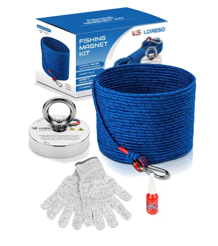 Vista 9 de LORESO - Kit de pesca con imán con estuche, kit completo de pesca con imán de doble cara 880 libras, una cara 550 libras, cuerda + mosquetón