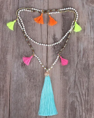 Vista 2 de KELITCH Women Tassel Shell Pearl Necklace Handmade Chains Long Strand Necklace Beach White Turquoise Necklace
