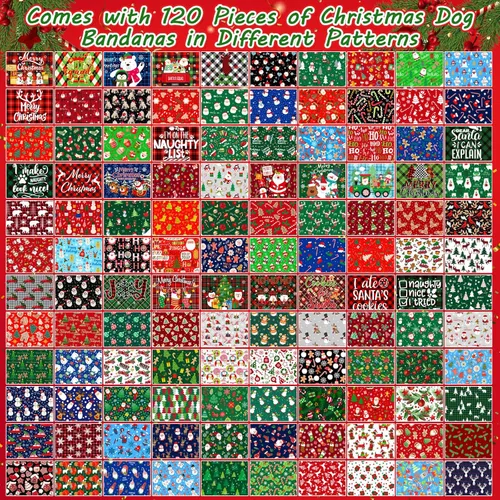 Vista 4 de 120 piezas de bandanas navideñas para perros a granel, bufandas ajustables para perros, baberos, bandanas navideñas para cachorros, bufandas