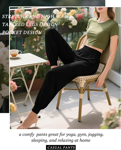 Vista 2 de Paquete de 2 pantalones deportivos de yoga para mujer, cómodos pantalones deportivos con bolsillos, casuales, holgados, cómodos y de cintura alta