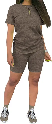 Vista 8 de KINIKO Conjunto deportivo de 2 piezas para mujer, casual, de moda, color sólido, camiseta de manga corta y pantalones Negro-a